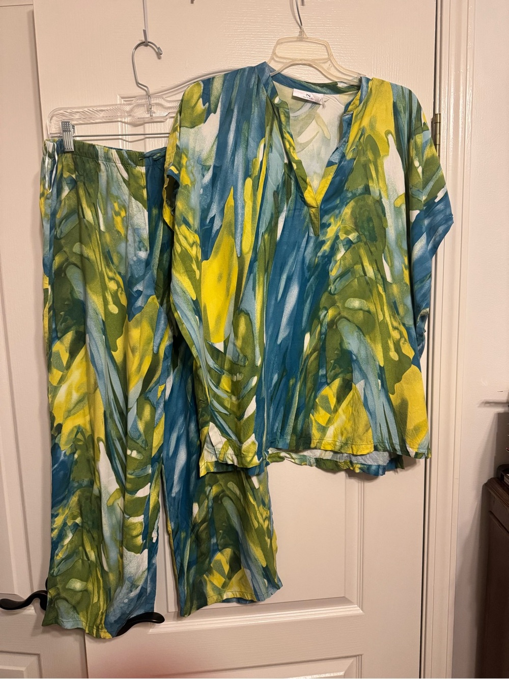 Ladies Pajamas - Blue, Green & Yellow Printed Two-Piece Set